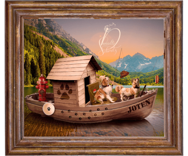 An old wooden fishing boat floats atop a shallow lake. Majestic mountains are in the distant sunset. Two dogs ride on the boat with their fishing rods and fishing hats. One dog, a tan and white King Charles Spaniel has caught a steak on the end of his fishing line. The other dog, a tan and white shzit tzu has caught a hot dog.